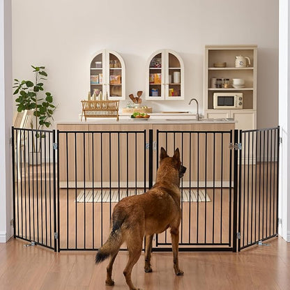 No Pawblems Free Standing Dog Gate with Door, 36'' Tall Foldable Dog Fence for Indoor & Outdoor, Up to 104 Inch Extra Wide Puppy Gate for Stairs, Hallways, Doorways, Deck, Yard (Black, 4 Panels)
