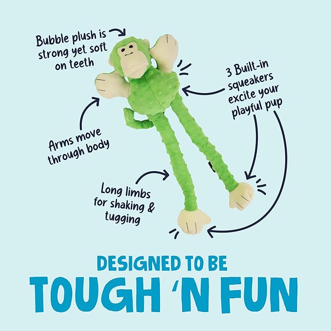 goDog Crazy Tugs Monkeys Squeaky Plush Dog Toy with Chew Guard Technology, Durable Fabric & Squeaker for Active Play, Green, Large