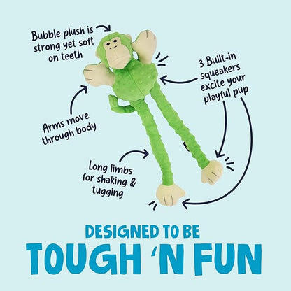 goDog Crazy Tugs Monkeys Squeaky Plush Dog Toy with Chew Guard Technology, Durable Fabric & Squeaker for Active Play, Green, Large