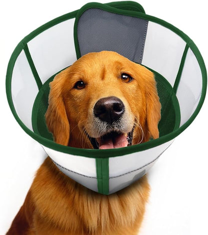 WinWeal Soft Dog Cone Collar for Dogs After Surgery, Transparent Breathable Pet Recovery Collar for Large Medium Dogs, Adjustable Dog Cone Collar, Elizabethan Collar (XL, Dark Green)