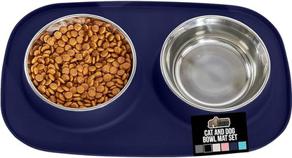 GORILLA GRIP Feeding Mat Bowl Set, 4 Cup 100% Waterproof BPA Free Silicone, 304 Stainless Steel Cat and Dog Bowls for Food and Water, Slip Resistant, High Edge, US Designed, Patent Pending, Navy Blue