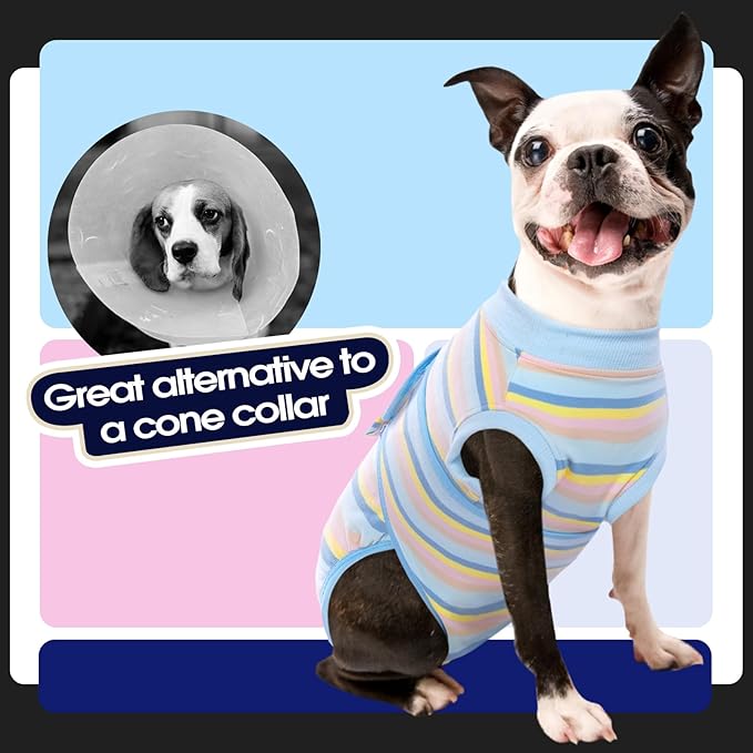 FUAMEY Recovery Suit for Dogs After Surgery,Soft Breathable Dog Bodysuit E-Collar & Cone Alternative Surgical Suit,Male Female Dog Neuter Spay Suits Anti Licking Wounds Onesie Blue Yellow Stripes L