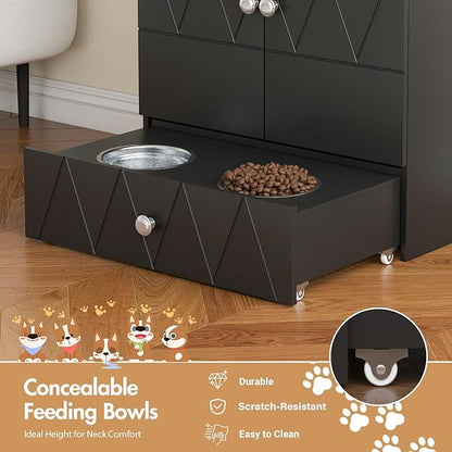 Pet Feeding Station with Storage, Raised Dog Bowls, Pet Feeder Cabinet, with Adjustable Shelves, Rolling Drawer, Hooks, for Feeding & Watering Supplies (Black)