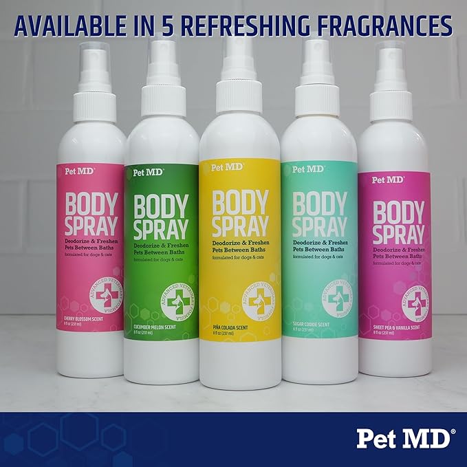 Pet MD Body Spray for Dogs & Cats - Deodorizing Dog Perfume Reduces Static & Eliminates Odor - Long-Lasting Pet Cologne Spray for Dogs - Sugar Cookie Scent - 8 oz
