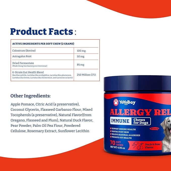 Dog Allergy Relief Chews – 70 Soft Chews, Duck & Pear Flavor - Immune Support & Itch Relief with Colostrum, Astragalus Root, 6-Strain Gut Health Blend