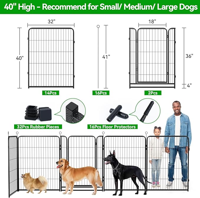 Kfvigoho Dog Playpen Outdoor Extra Wide 16 Piece Panels Heavy Duty Dog Fence 40" Height Anti-Rust with Doors Portable for RV Camping Yard, Total 42FT, 140 Sq.ft, Snowy Black