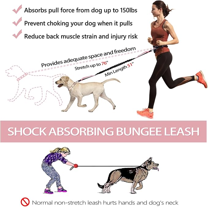 LANNEY Hands Free Dog Leash, Waist Running Leash with Zipper, Walking Pouch for Medium Large Dogs, Dual Handle and Retractable Bungee for Training Jogging Hiking(25-120 lbs, Pink)