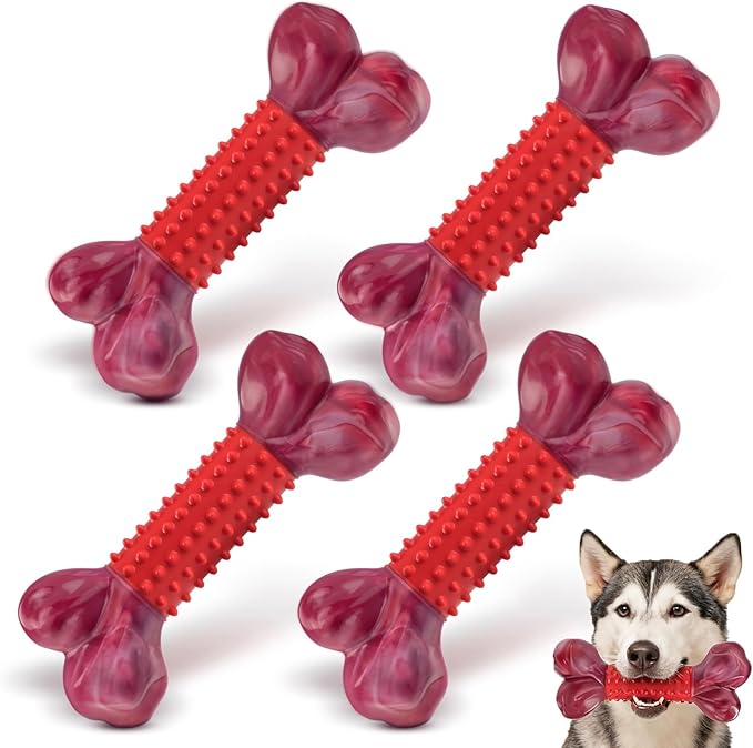 Apasiri 4-Pack Tough Dog Toys for Aggressive Chewers: Beef Flavored Long Lasting Dog Bones for Large Dogs, Heavy Duty Nylon & Rubber Dog Chew Toys to Keep Them Busy, Medium & Large Breed, Red