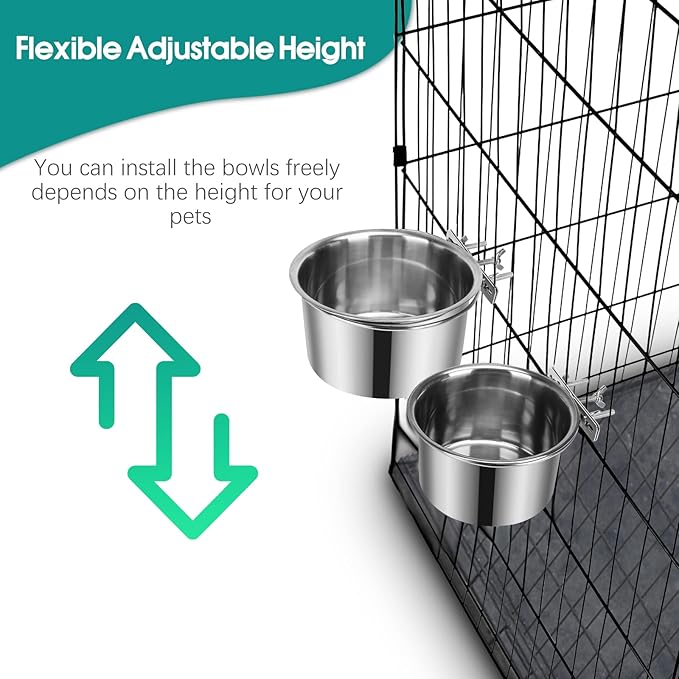 2 Pcs Large Dog Food Water Bowl for Cage with Upgraded Clamp Holder, Pet Kennel Hanging Bowls Stainless Steel Detectable Bowls Crate Feeder Dish for Large Dogs (7.1x3.7'' & 5.1x2.7'')