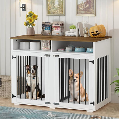 REVOMINCA 41" Dog Crate Furniture with Removable Divider, Decorative Dog Kennel with Storage Compartment, Heavy-Duty Indoor Dog Cage for 2 Small Dogs or 1 Medium, White