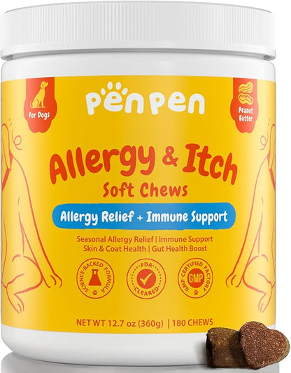 PENPEN Dog Allergy Relief Chews, Dog Itching Skin Relief, Omega 3 for Dogs Itch Supplement, Relieve Seasonal Allergy, Provide Immune Support (Peanut Butter Chews, 180ct)