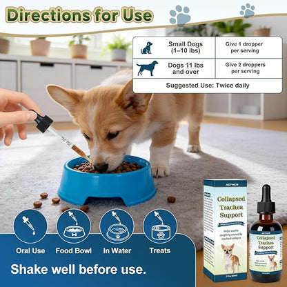 Collapsed Trachea Support for Dogs, Support Tracheal & Respiratory Health, Trachea Cough Elixir, Airway & Throat Comfort Drops for Small Breeds, Dogs Dry Hacking Cough Relief, Herbal Formula 2 fl oz