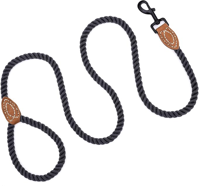 Mile High Life Dog Leash, Braided Cotton Rope Leashes with Leather Tailor Tip with Leather Tip - Heavy Duty Metal Clasp, 6FT, 1/2" Thick - Wedding, Walking for Medium Large Dogs(Dark Gray)