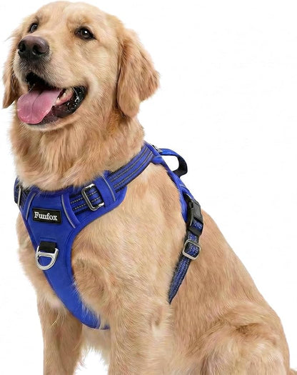 Funfox Dog Harness No Pull, Adjustable Pet Vest Harness, Super Soft Material with Vertical Handle Easy Control, Reflective Night Walking, 2 Leash Clips for Large Dogs, Blue, L