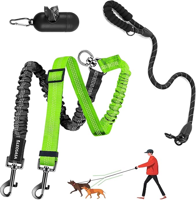 Double Dog Leash - 360°Swivel Tangle Free Splitter Attachment, 1 Rope with Handle, 2 Dogs Multi-Functional Leash, for Outdoor Walk Train Small Medium Large Two Pet, Green