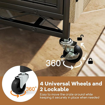 Giantex Dog Crate Furniture with Storage Shelves, 38" Furniture Style Indoor Dog Kennel on Wheels, 3 Doors, Flip Top Lid, Removable Pull-Out Tray, Dog Cage Pet House for Large Dogs, Oak Gray