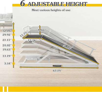 6 Level Height Adjustable Dog Ramp for Bed, Couch 65" Foldable Pet Ramp with Non-Slip Mat，DIY Glow Strips & Rest Platform Heavy Duty Dog Stairs for Large Dogs up to 200Lbs ，White