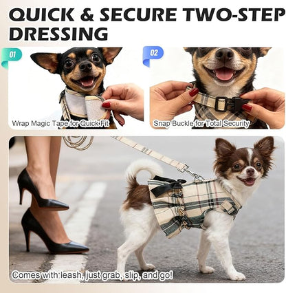 EXPAWLORER Dog Harness Small Medium Sized Dogs, Plaid Dog Dress Bowknot Harness and Leash Set, No Choke No Pull Soft Mesh Vest Cute Princess Puppy Outfits Clothes Costume for Girls Party Cats Beige S