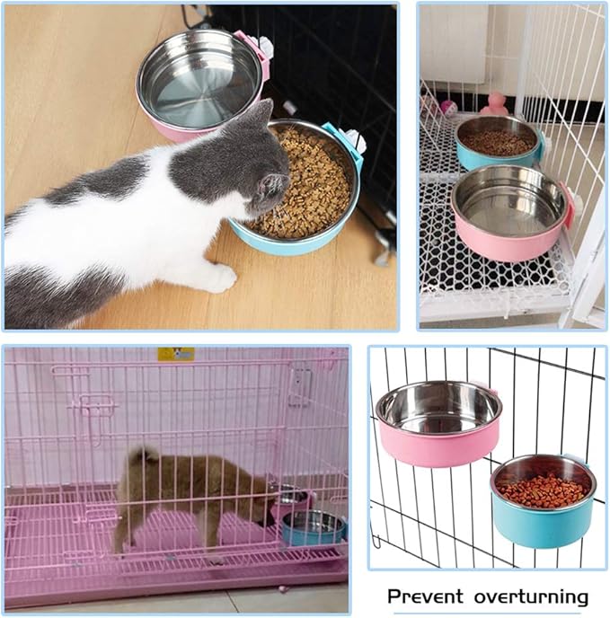 Andiker Pet Bowl 2-in-1 Removable Stainless Steel Food Bowl for Puppy/Cat, Hanging Cage Large Water Food Feeder for Dogs Cats (Small, Blue)
