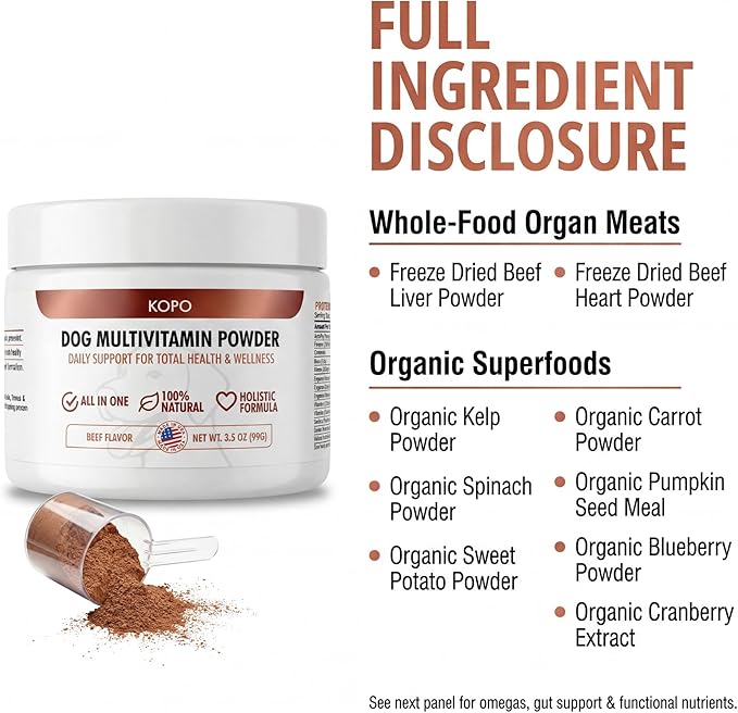 Kopo Dog Multivitamin Powder | Supports Heart, Daily Vitality, Immune Health, Digestion, Skin & Coat and Hip & Joint | For Puppy, Adult & Senior Dogs | Beef Liver Flavor | All Breeds Sizes | 99 Scoops
