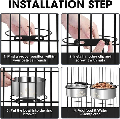 Water Bowl for Dog Crate, ShineMe 34oz & 25oz Stainless Steel Dogs Bowls, Dog Food and Water Bowl Set Mountable in Crate Kennel Cage, 2 Pack, Silver (6.2x2.6” & 5.5x2.4”)