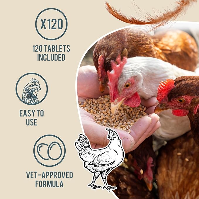 Chicken De-wormer: an All-Natural Health Formula, 120 Tablets, Safe for Eggs During Use, Complete Poultry Medicine Supplies, US-Made, Effective for Poultry and Ages.