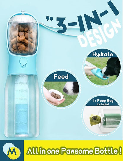 Portable Water Bottle for Dogs, 3 in 1 Pet Travel Bowl Dispenser with Food Treat Container & Poop Bag Holder, Summer Outdoor Walking Hiking Accessories for Large Dog On The Go - Gray, 20oz
