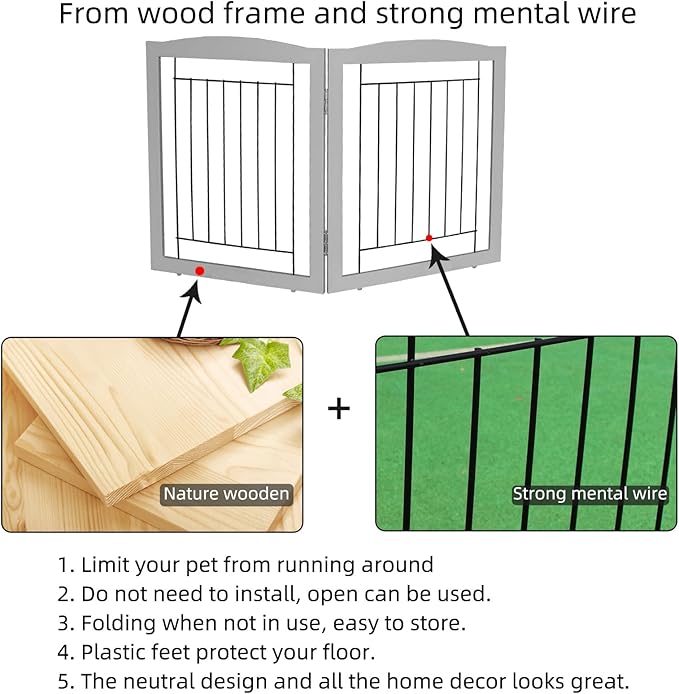 ZJSF Freestanding Foldable Dog Gate for House Extra Wide Wooden Indoor Puppy Gate Stairs Doorways Pet Gate Tall Dog Fence 2 Panels Fence Grey