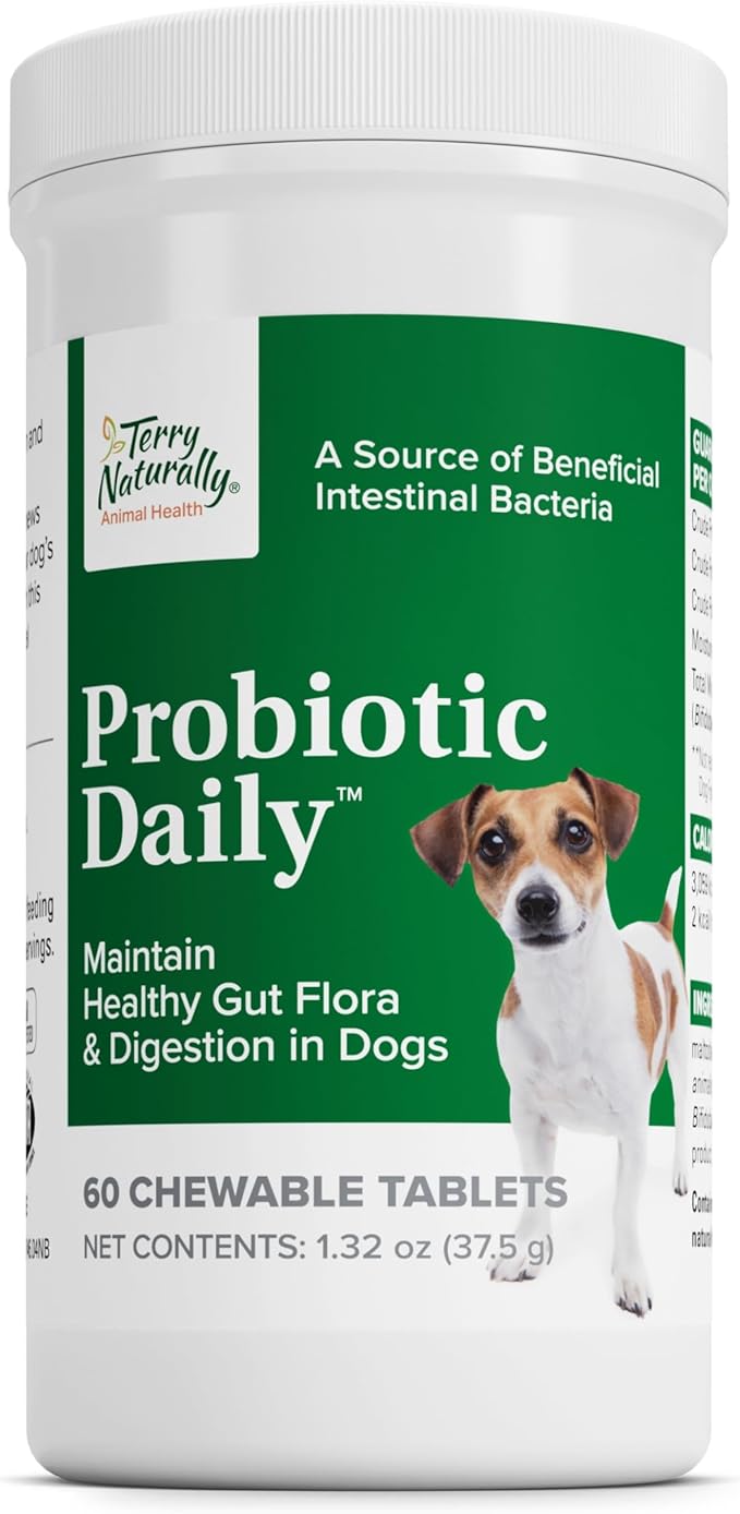 Terry Naturally Probiotic Daily - Balance Intestinal Microflora with Digestive Health Tablets - Dog Probiotic Supplement for Gut Health - Canine Probiotic for Bowel Support - 60 Chewable Tablets