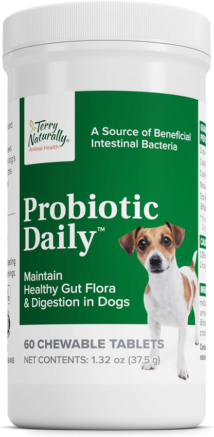 Terry Naturally Probiotic Daily - Balance Intestinal Microflora with Digestive Health Tablets - Dog Probiotic Supplement for Gut Health - Canine Probiotic for Bowel Support - 60 Chewable Tablets