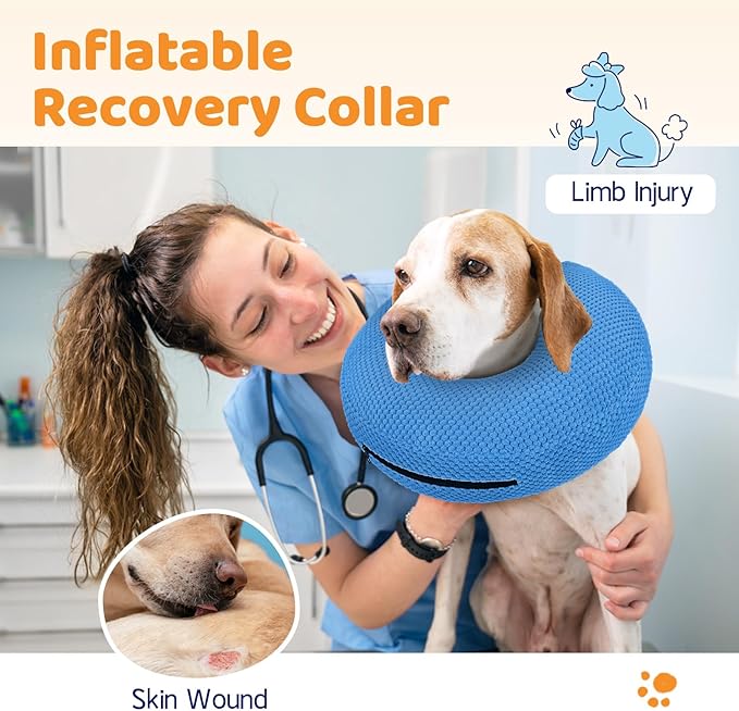 Supet Inflatable Dog Cone Collar for Dogs to Stop Licking, Dog Donut Collar After Surgery, Soft Pet Cone for Small Medium Large Dogs Blue 02 M