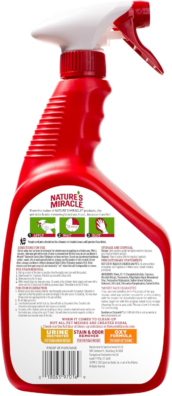 Nature’s Miracle Advanced Stain and Odor Eliminator Dog Spray, Fresh Scent, Severe Mess Enzymatic Formula for Tough Pet Messes, 32 Ounces, Red