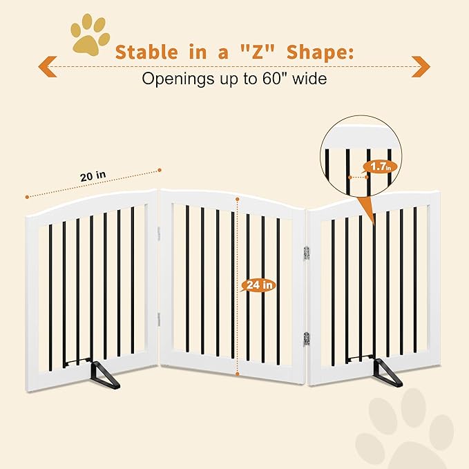 PUPETPO Freestanding Wooden Pet Gate for House, Foldable Indoor Dog Gate for Doorways, Stairs - 24" Height, 3 Panels, White