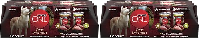 Purina ONE True Instinct Tender Cuts in Gravy with Real Turkey and Venison & with Real Chicken and Duck High Protein Wet Dog Food Variety Pack - 13 oz. Cans,(Pack of 24)