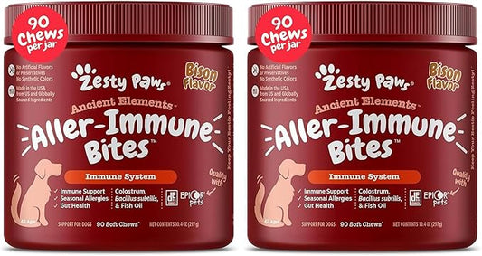 Zesty Paws Dog Allergy Relief - Anti Itch Supplement - Omega 3 Probiotics for Dogs - Digestive Health - Soft Chews for Skin & Seasonal Allergies - with Epicor Pets - Bison - 90ct (Pack of 2)