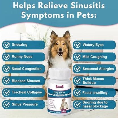 Dog and Cat Nasal Congestion Relief - Helps Relieve Sneezing, Trachea, Runny Nose & Nasal Congestion | Easy-to-Administer Tablets (200 ct)