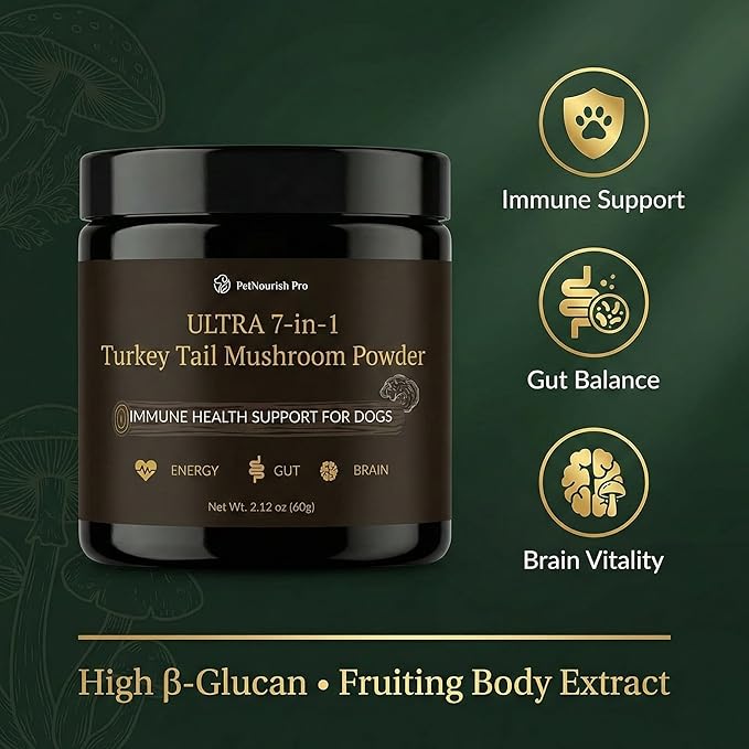 Turkey Tail Mushroom for Dogs – Ultra 7-in-1 Mushroom Powder with Beta-Glucans, Immune, Digestive & Brain Support, Chicken Liver Flavor, Daily Supplement for Dogs