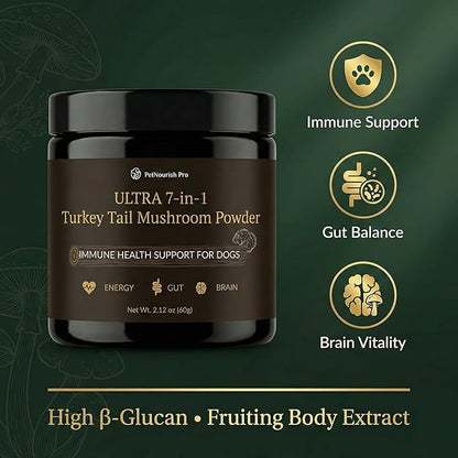 Turkey Tail Mushroom for Dogs – Ultra 7-in-1 Mushroom Powder with Beta-Glucans, Immune, Digestive & Brain Support, Chicken Liver Flavor, Daily Supplement for Dogs