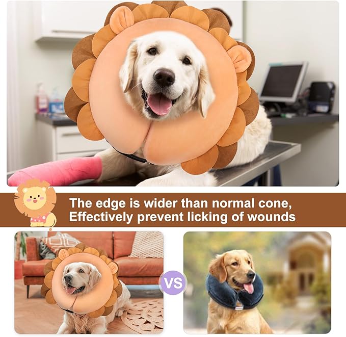 BEAUTYZOO Dog Cone Alternative After Surgery for Large Medium Small Dogs, Soft Inflatable Cone Collar for Dogs Cats, Dog Neck Donut E Collar Dog Recovery Collar to Stop Licking, Lion, M