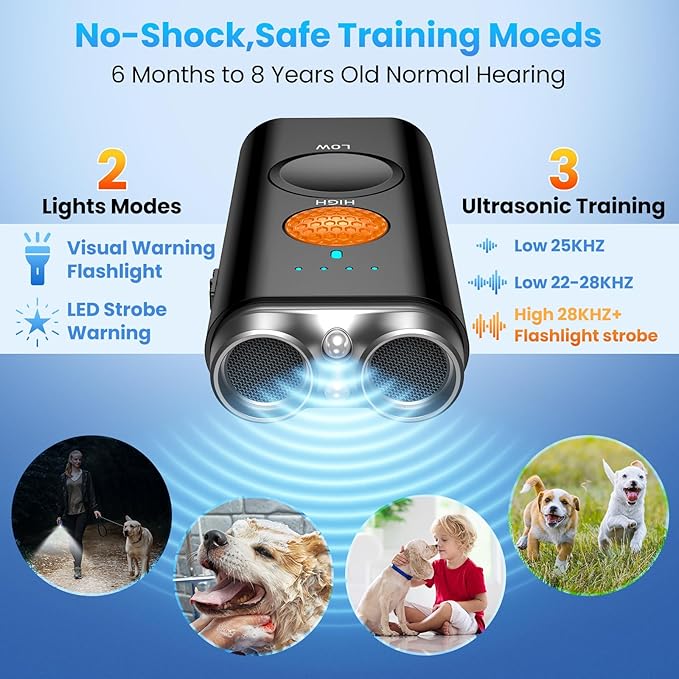 Dog Bark Deterrent Device, Anti Barking Device for Dogs Training Indoor Outdoor No More Bark Ultrasonic 2X Effective Emitters 50ft Range to Stop Neighbors Dog Barking Rechargeable for All Dogs