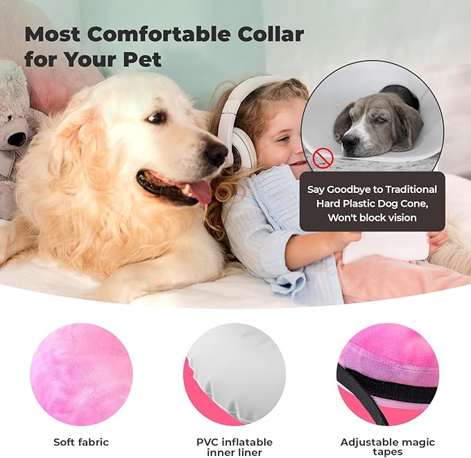 Dog Cone, Uadonile Inflatable Cone Collar for Dogs and Cats, Dog Neck Collar Recovery E-Collar Alternative After Surgery, Elizabethan Collar for Dogs Recovery(Tie-dye Rose Purple, L)