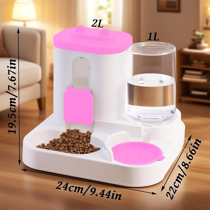Gravity Cat Feeder and Water Dispenser, 2 in 1 Automatic Cat Feeder, 2 Pack Large Capacity Self Feeding for Small Medium Dog Puppy Kitten （Pink）
