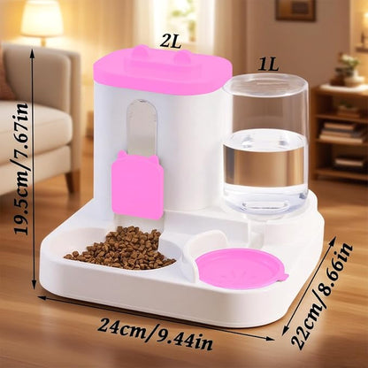 Gravity Cat Feeder and Water Dispenser, 2 in 1 Automatic Cat Feeder, 2 Pack Large Capacity Self Feeding for Small Medium Dog Puppy Kitten （Pink）