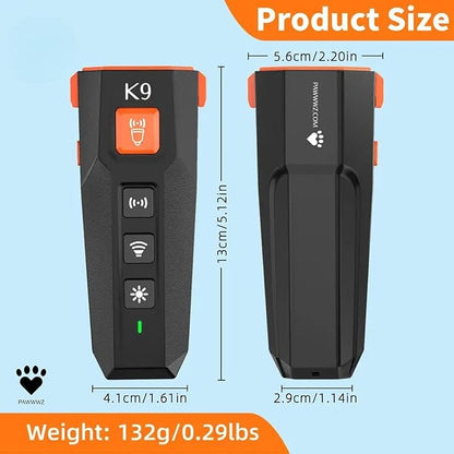 K9 Dog bark Deterrent – Humane Way - No-Shock Dog Barking Deterrent & Trainer - 2 in 1 Trainer and Powerful LED Flashlight - Rechargeable - IPX4 Water Resistance, Indoor, Outdoor Use