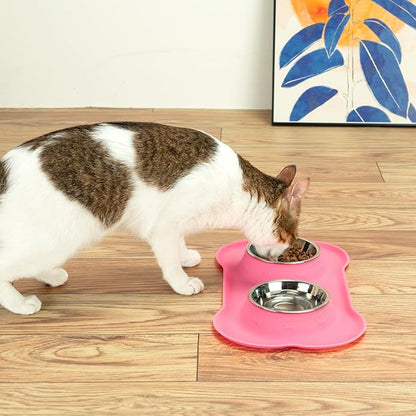 Conlun Dog Bowls with Silicone Feeding Mat,No Spill Food Water Dish Set,Dishwasher Safe,2 Stainless Steel Puppy Bowls with Dogs Bandanas,Suitable for Tiny Pets Under 8lbs,Extra Small,Pink