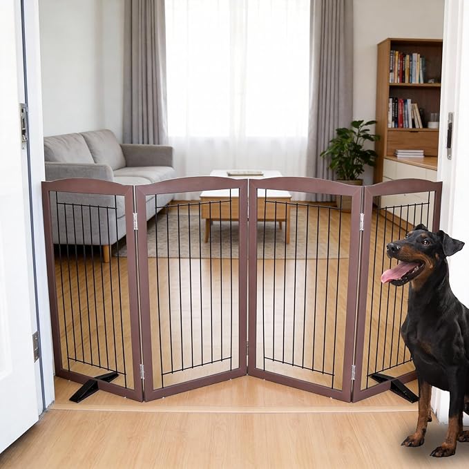 ZJSF Freestanding Dog Fence Indoor, Foldable Dog Gate for Doorways, Stairs or Hallways, Sturdy Wood Extra Wide Pet Gate with Support Feet for The House, Brown, 32 "Height-4 Panels