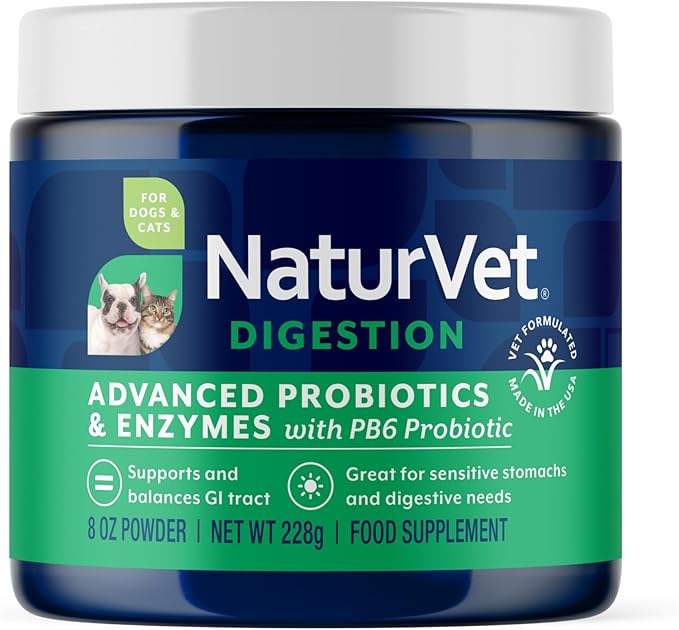 NaturVet – Advanced Probiotics & Enzymes - Plus Vet Strength PB6 Probiotic | Supports and Balances Pets with Sensitive Stomachs & Digestive Issues | for Dogs & Cats (8 oz)