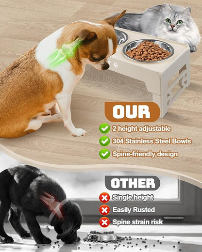 Jovrun Elevated Dog Bowls for Small Dogs and Cats, Non-Slip Cat Bowls with 2 Thick 5.5" Stainless Steel Dishes, Dog Feeder 2 Heights Adjustable to 2.6"-5.3"