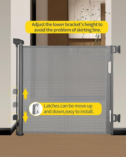 Retractable Baby Gate for Stairs – 33” Height, Expands up to 71” Width – Safety Gate for Infants, Toddlers, Dogs & Pets – Easy Install, Secure Closure, Gray Mesh Design for Indoor & Outdoor Use