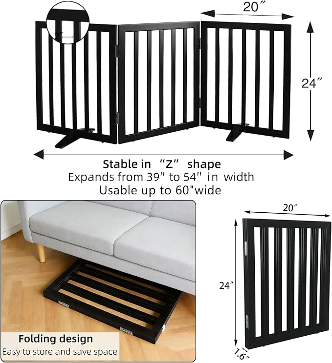 ZJSF Freestanding Indoor Dog Gate for House Foldable Wood Puppy Gate for Doorways Pet Gate for Stairs Extra Wide Pet Fence, Black, 24" Height 3 Panels